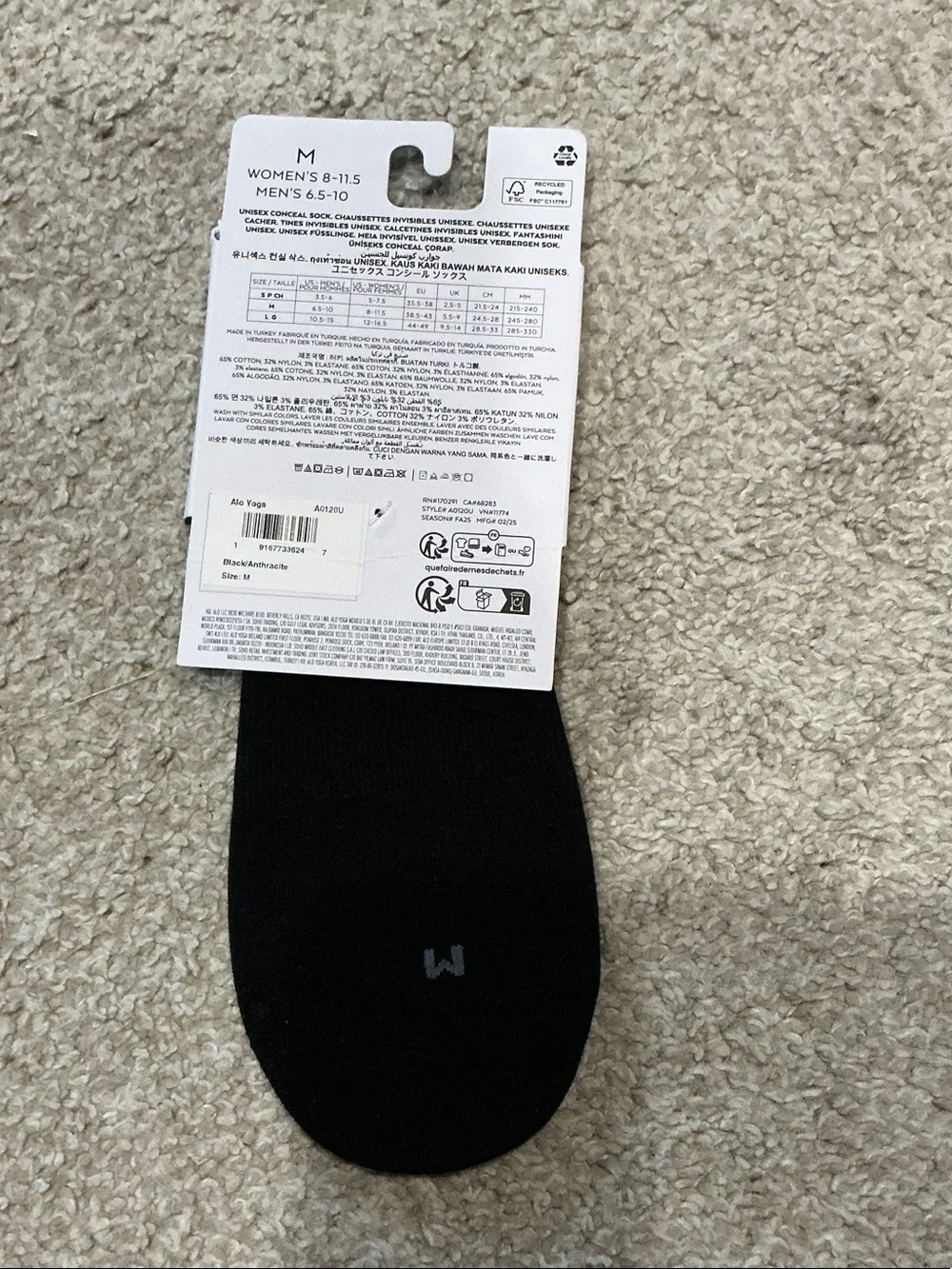 Alo Yoga Black Unisex Conceal Sock M